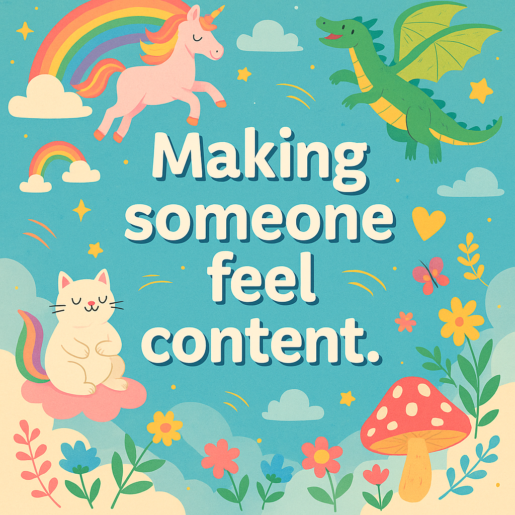 Imaginative image of the idea of feeling content: dragons, unicorns, plants and a happy cat